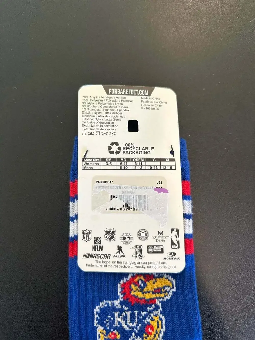 For Bare Feet Kansas Jayhawks 4 Stripe Deuce Crew Socks Medium
